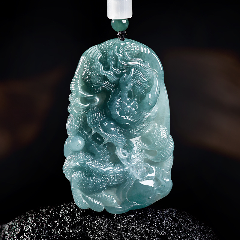 Jewelry & Watches Vitopoulos - Naturalny Birmanski Jadeitowy Wisiorek Smok Naszyjnik