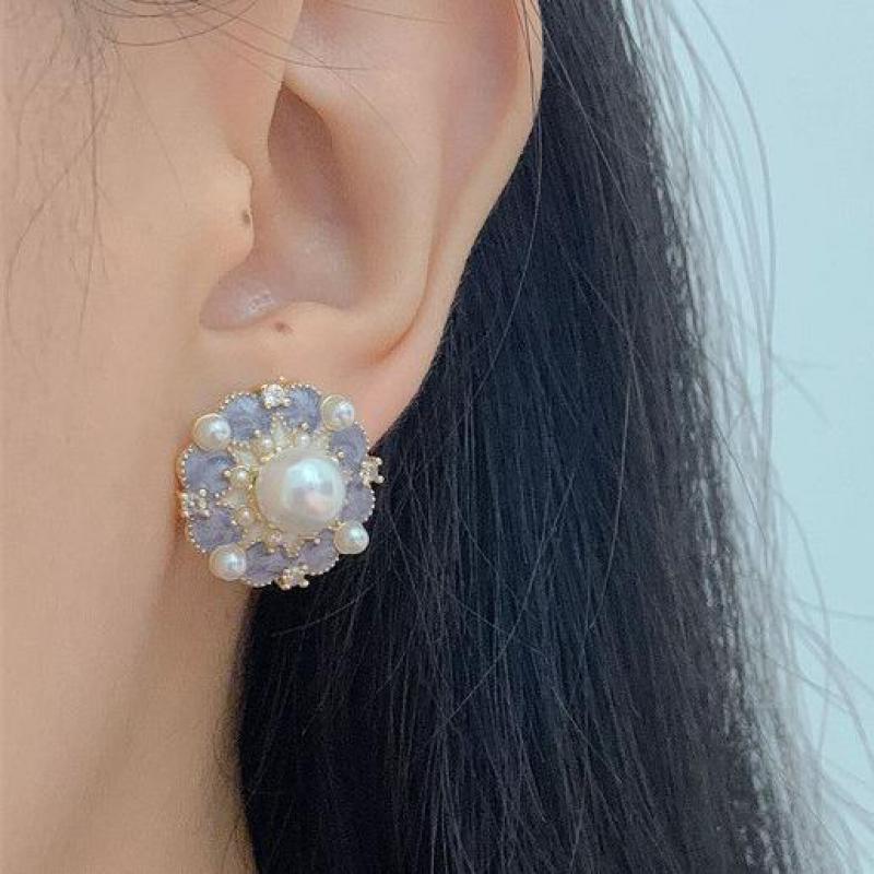 Pearl Stud Earrings - 925 srebrna igła Vintage fioletowy olej